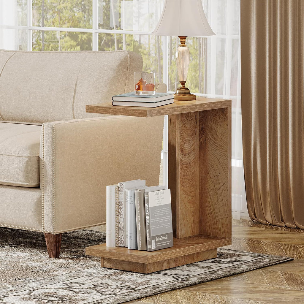 Tribesigns C-Shaped Side Table for Couch, 2-Tier C Table with Sturdy Pedestal, Industrial Sofa End Table for Living Room, Bedroom (Brown)