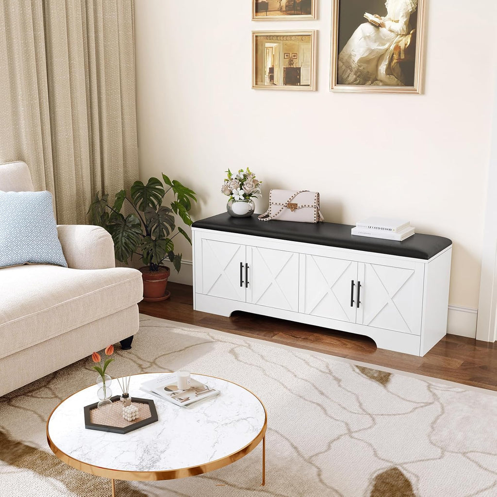 DreamDashio Storage Bench with Cushion, 47.2" End of Bed Storage Bench with Lift Top, Window Bench Seat with Storage for Bedroom, Mudroom, Entryway, Living Room & Hallway, White