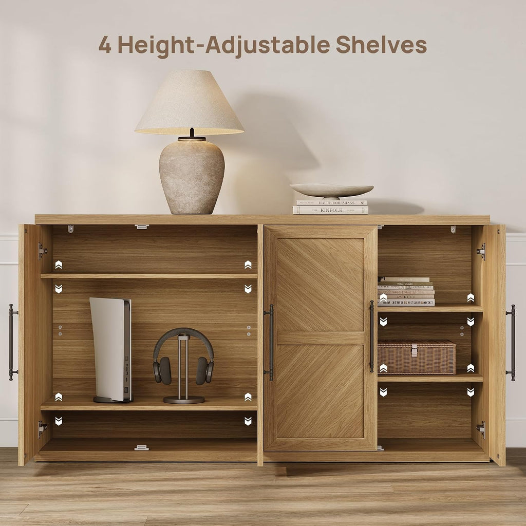 SICOTAS Buffet Cabinet with 4 Doors, Modern Sideboard Cabinet with Storage and Adjustable Shelves, Large Credenza Storage Cabinet (1, Oak Brown)