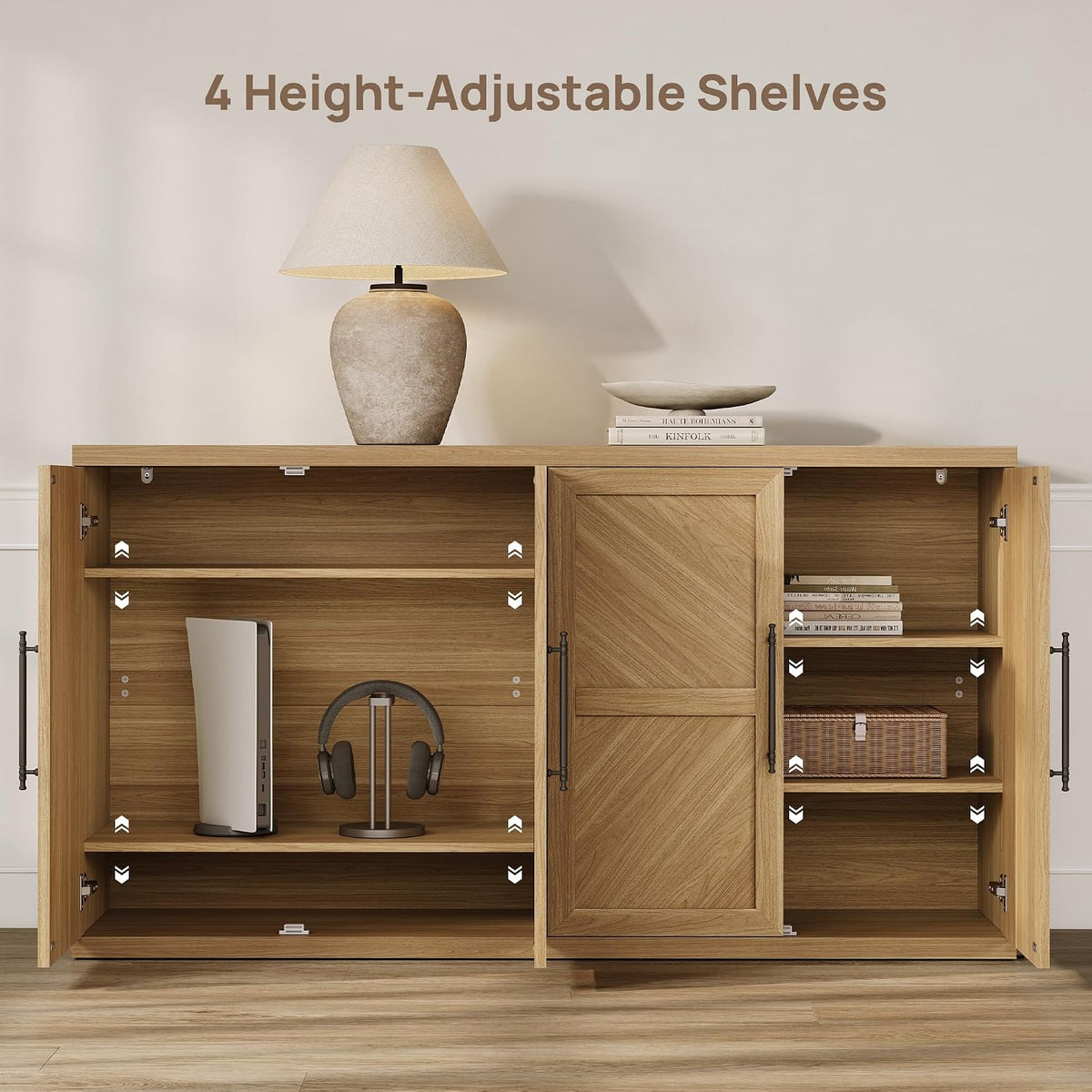 SICOTAS Buffet Cabinet with 4 Doors, Modern Sideboard Cabinet with Storage and Adjustable Shelves, Large Credenza Storage Cabinet (1, Oak Brown)