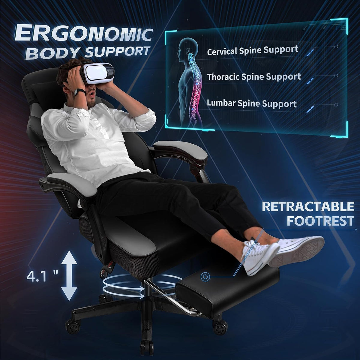 DL-win Gaming Chairs for Adults, Computer Chair with Footrest and High Back, Big and Tall Gamer Chair's with Massage Lumbar Support, 360° Swivel Height Adjustable Gaming Chair, Grey