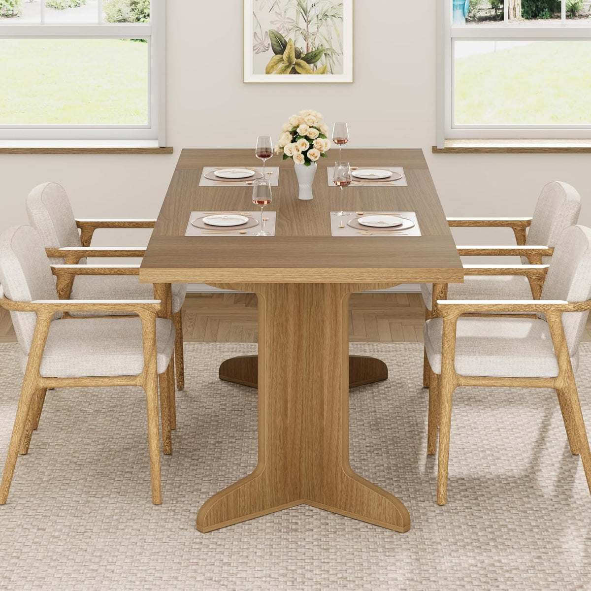 Garvee 71" Large Dining Table for 6 to 8 People, Modern Dinner Table with Unique Wooden Legs, Rectangle Dining Table for Kitchen, Dining Room & Living Room, Oak