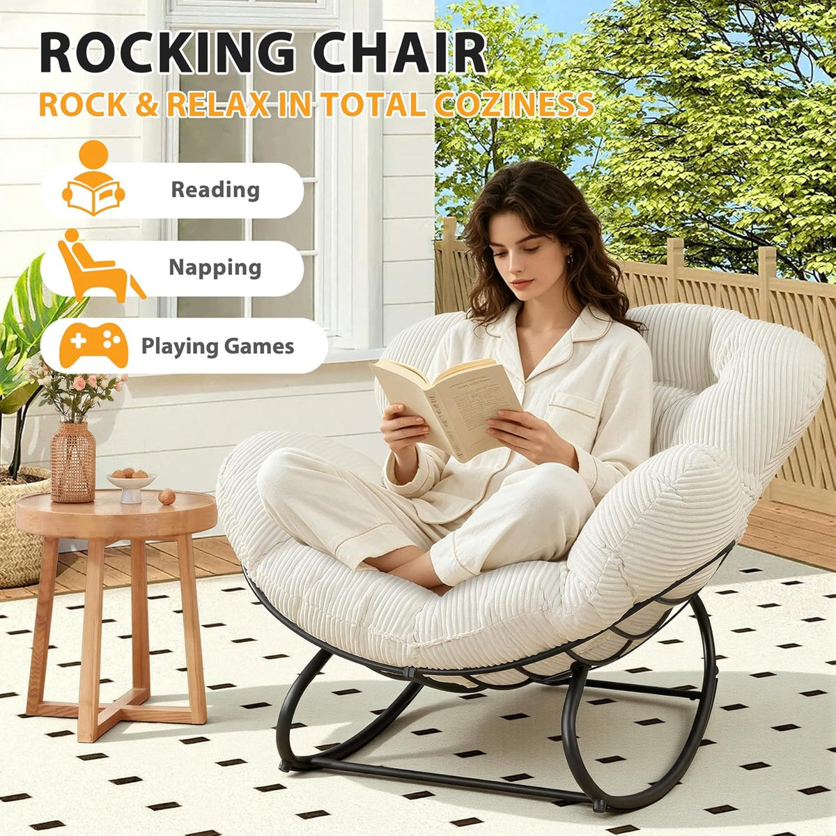 Oversized Outdoor Rocking Chair, Papasan Rocking Egg Chair with Thick Cushion, Metal Frame, Indoor Cozy Rocker for Patio, Balcony, Living Room, Beige