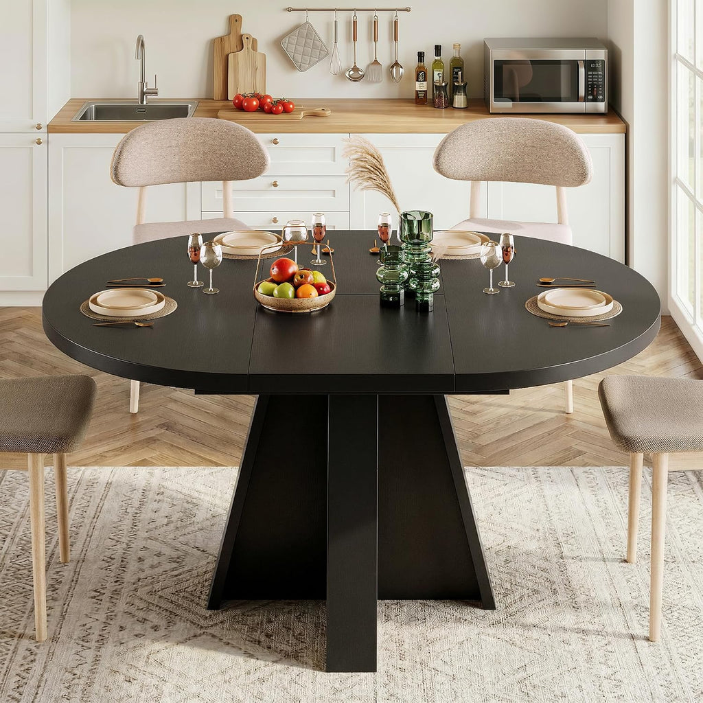 iPormis 43.3in-59in Extendable Round Dining Table for 4-6, Modern Wooden Kitchen Table for Dining Room, Adjustable Size Oval Circle Dinner Tables Furniture for Kitchen Living Room, Black