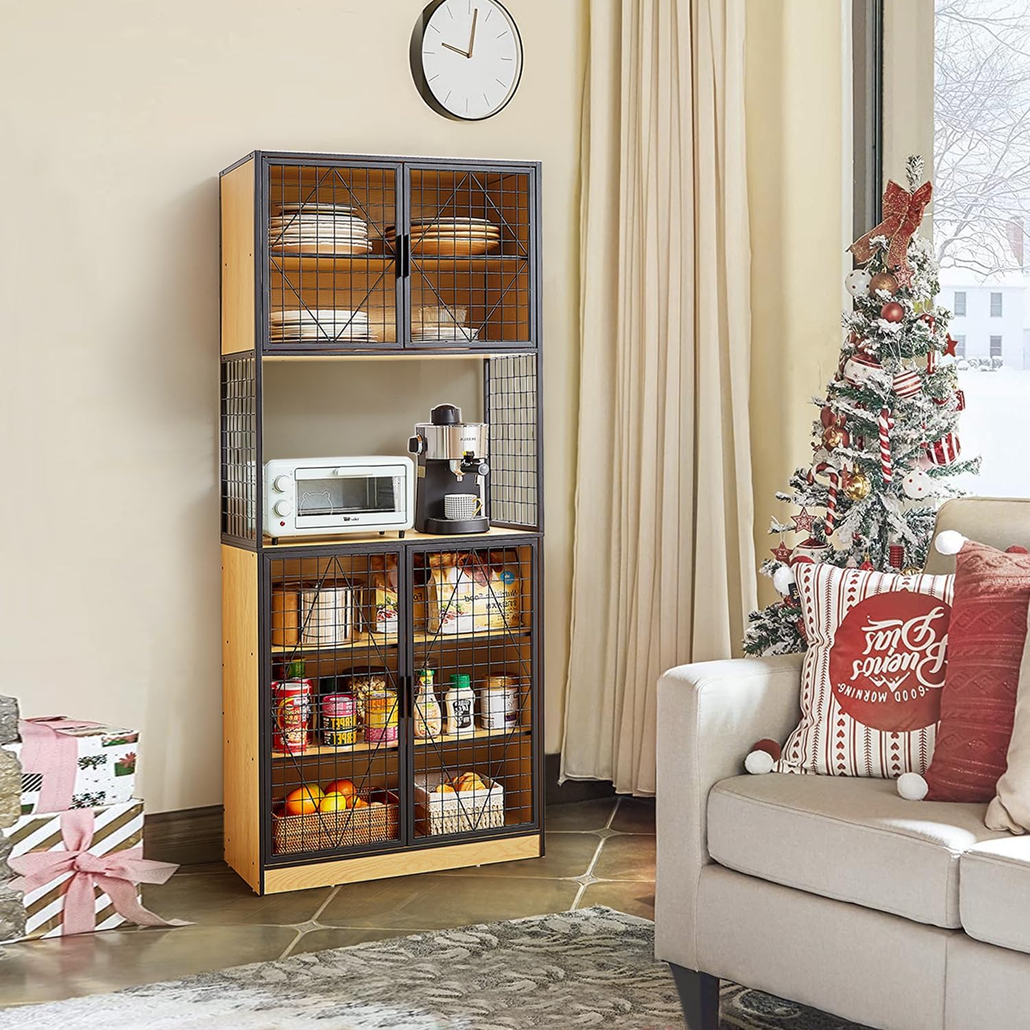 VECELO 72in Tall Kitchen Pantry Cabinet with Doors and Shelves, Large Freestanding Storage Cupboard with Countertop Hutch for, Oak