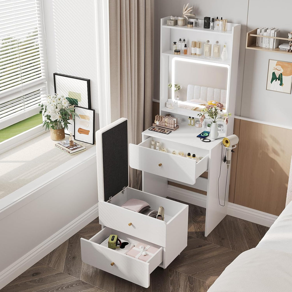 Make Up Vanity Desk with Mirror and Lights,Small Vanity With Storage Chair | White Vanity Table Set with Charger Station