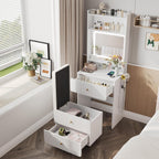 Make Up Vanity Desk with Mirror and Lights,Small Vanity With Storage Chair | White Vanity Table Set with Charger Station