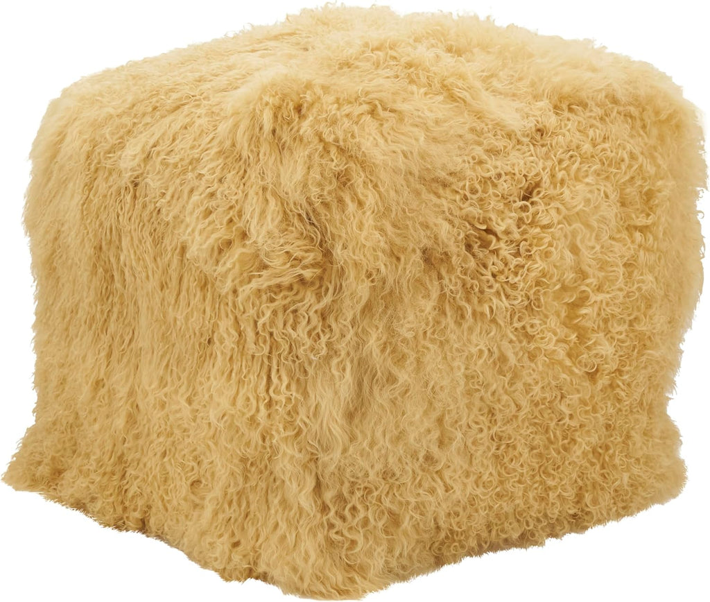 SARO LIFESTYLE Mongolian Lamb Wool Pouf Ottoman – Gold, 18” x 18” x 16” with Firm Insert, Luxury Textured Accent Footrest or Extra Seating