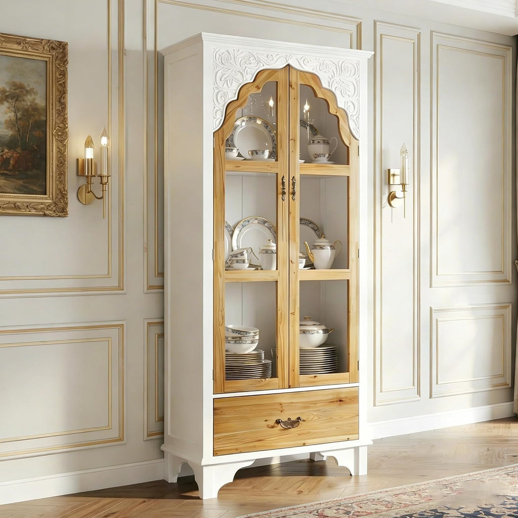 70.9" H Tall Kitchen Pantry with Glass Doors, Shelves & Drawer, Curio Display Storage Cabinet with Carved Patterns, Farmhouse Cupboard China Cabinet for Living Dining Room, White & Brown