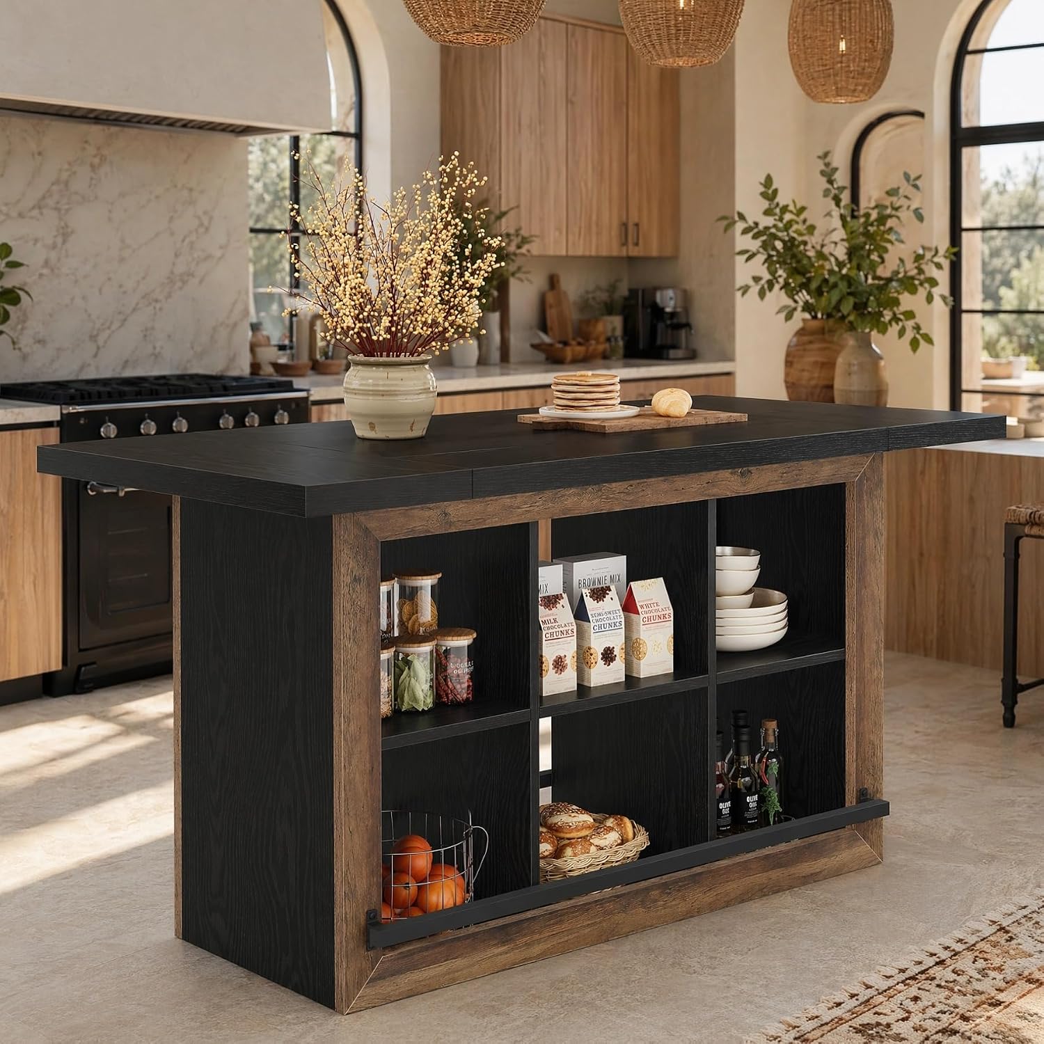 Tribesigns Kitchen Island with Storage, 62.6" Farmhouse Kitchen Island Table with 6-Cubby Open Shelves & Metal Foot Rail, Butcher Block Counter Height