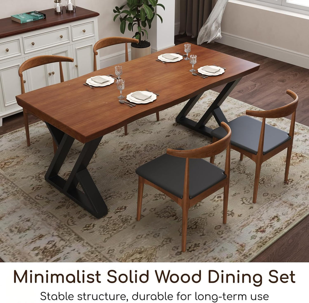 tiedingding 47" Solid Wood Dining Table, Rectangular Kitchen Table with Irregular Live Edge & Thick Tabletop, X-Shape Metal Legs, Oil Proof & Easy Clean, Rustic Brown， for 2-4 People