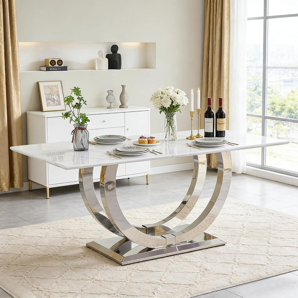 69.3" White Marble Dining Table for 6-8, Luxury Rectangular Kitchen Table with Silver Double U-Shape Stainless Steel Base, Modern Large Faux Marble Dining Room Table for Kitchen Living Room