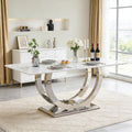 69.3" White Marble Dining Table for 6-8, Luxury Rectangular Kitchen Table with Silver Double U-Shape Stainless Steel Base, Modern Large Faux Marble Dining Room Table for Kitchen Living Room