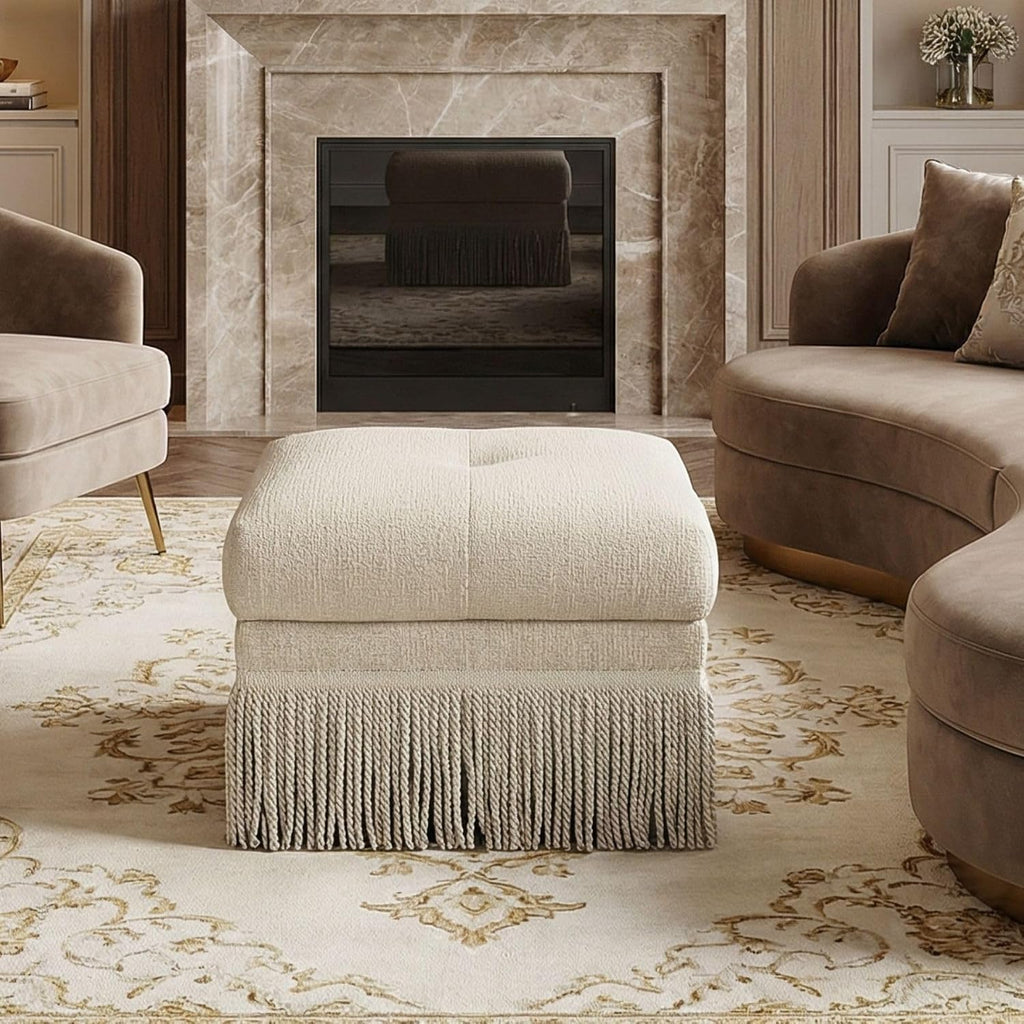 Hyfirm Brown Upholstered Ottoman Footstool with Fringe Skirt, 21.5" Square | Modern Tufted Soft Padded Footrest Cushion, Decorative Boho Tassel Vanity Accent Stool for Living Room Bedroom Entry