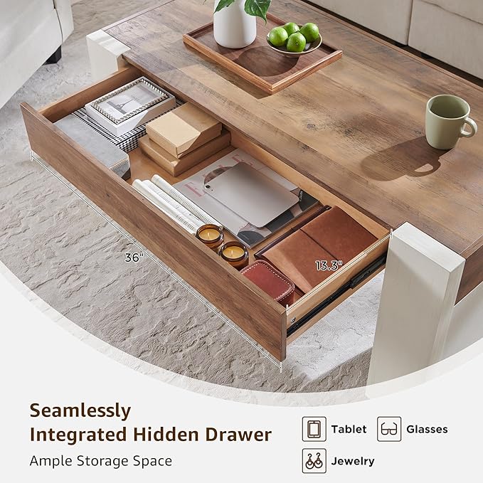 OKD 48" Modern Farmhouse Coffee Table, Wooden Living Room Table with Hidden Storage Drawer, Rustic Rectangular Center Tables with Wood Thick Design for Living Room, Office, Antique White