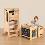 Rubber Wood Montessori Table and Chair,Toddler Tower Set, Wooden Kids Activity Toddler Table and Chair with Adjustable Height, Ideal for Eating, Reading, Drawing, Step Stool (Rubber Wood)
