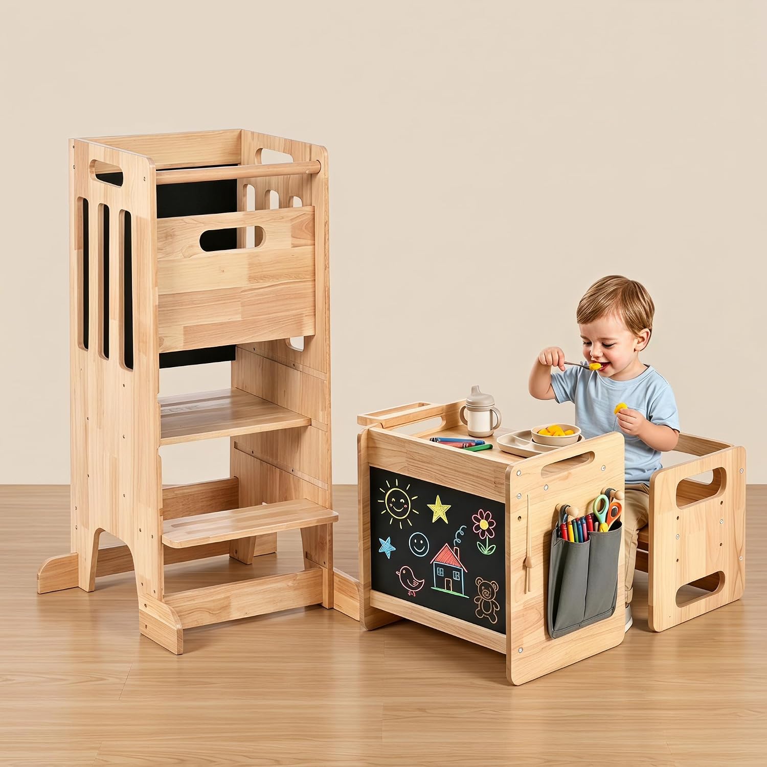 Rubber Wood Montessori Table and Chair,Toddler Tower Set, Wooden Kids Activity Toddler Table and Chair with Adjustable Height, Ideal for Eating, Reading, Drawing, Step Stool (Rubber Wood)
