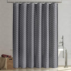 Extra Long Grey Boho Shower Curtain 96 Inch Grey Tufted Chevron Striped Fabric Shower Curtains for Bathroom Modern Shabby Chic Waterproof Cloth Shower Curtain Set with Hooks