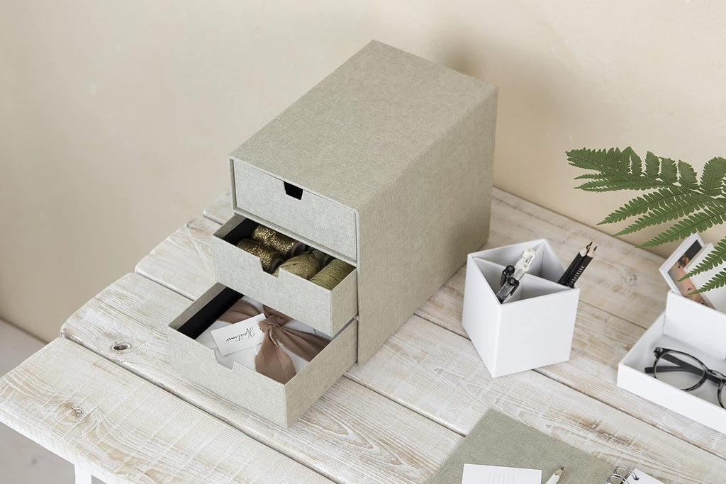 Bigso Box of Sweden 3-Tier Desktop Drawers - Desk Tidy Organiser for Stationery Storage - Paper Mini Filing Cabinet in Fibreboard and Paper in Linen Look - Beige