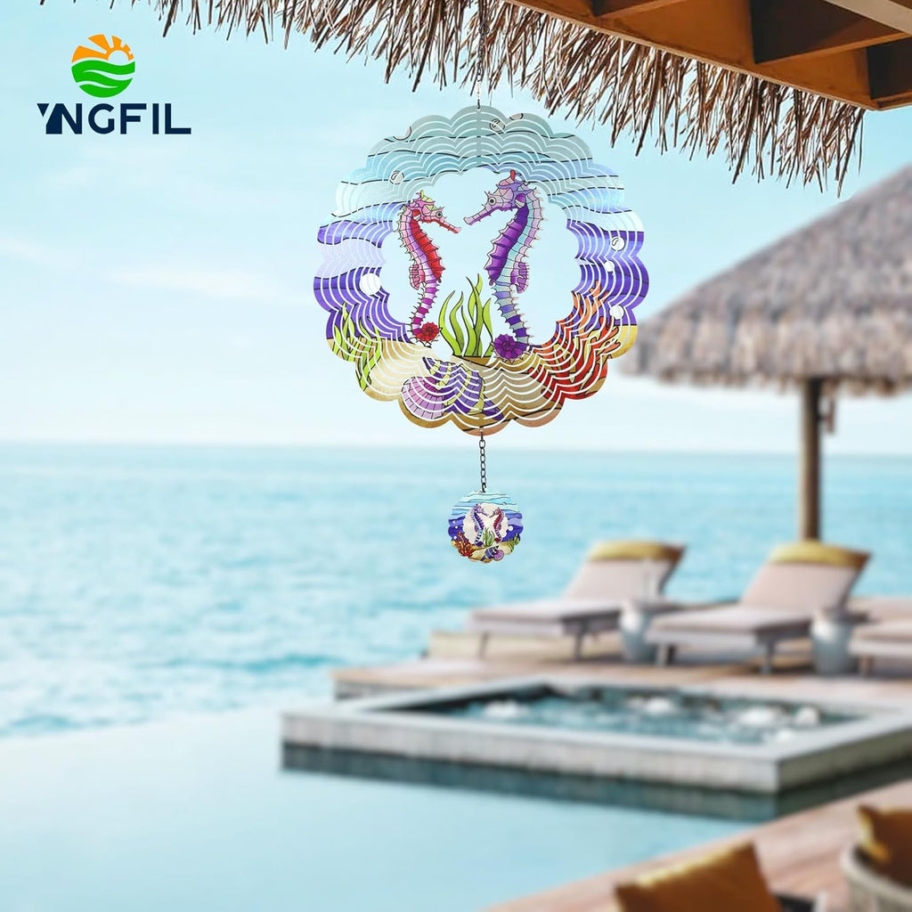 Seahorse 3D Wind Spinner Kinetic Metal Art Hanging Wind Spinner Outdoor Decoration Ocean Ornaments Decor for Yard and Garden