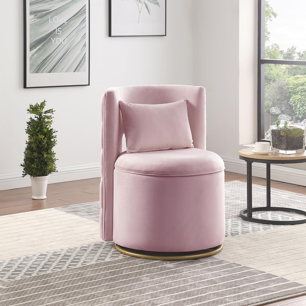Swivel Chair with Storage for Living Room, Round Velvet Vanity Chair with Tufted Button Back, Pillow Included (Pink)