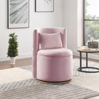 Swivel Chair with Storage for Living Room, Round Velvet Vanity Chair with Tufted Button Back, Pillow Included (Pink)