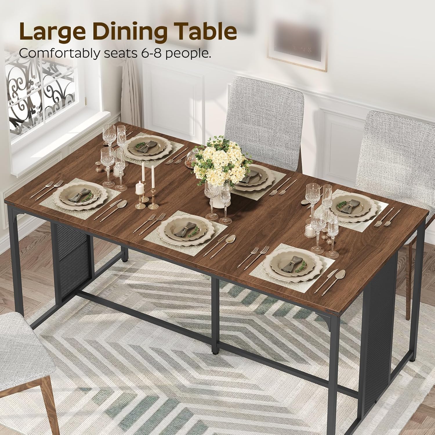 YATINEY Dining Table for 6-8, 63" Large Kitchen Table, Industrial Dining Room Table, Wooden Rectangular Table with Adjustable Feet, for Dinner, Kitchen, Walnut and Black CZ03BH