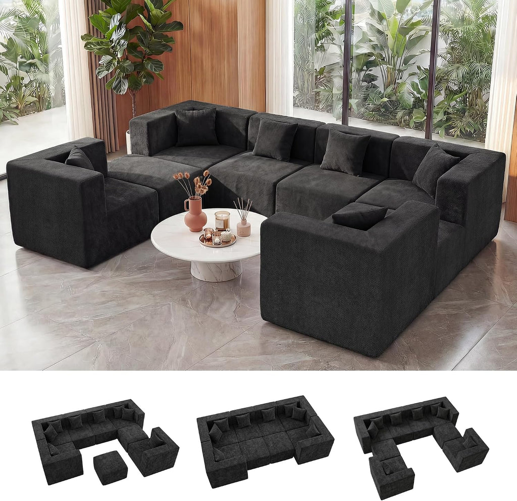 MONVANE Oversized Sectional Couch 08-Seat, Chenille, Black | Sectional Couch for Living Room, Modular Cloud Sofa with Ottoman & 8 Throw Pillows, No Assembly Required