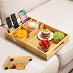 Couch Tray Insert for Middle Seat, Couch Table with 2 Cup Holders | Fits Armless Sofa & Sectionals, Sofa Armrest Organizer for Snacks, Drinks, Remotes, Phones, Bamboo