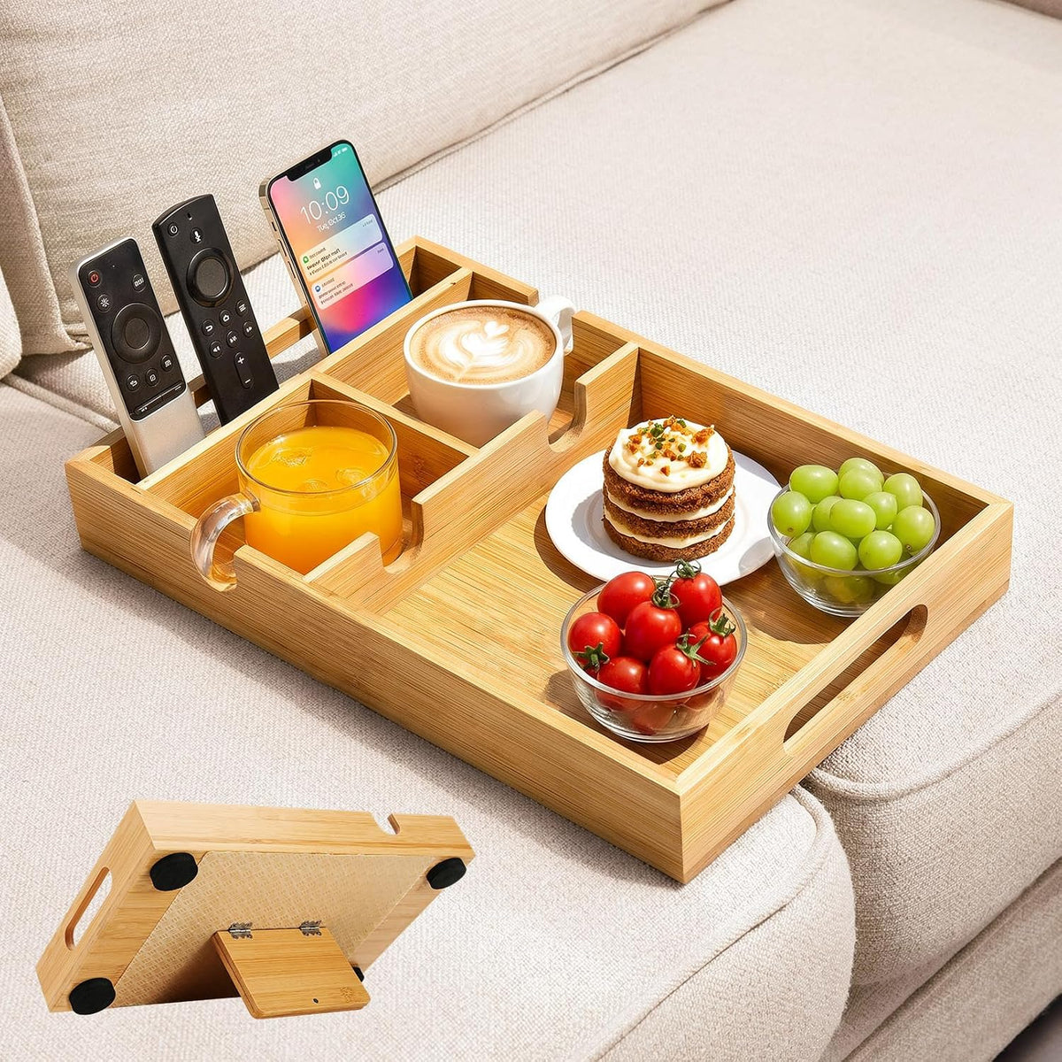 Couch Tray Insert for Middle Seat, Couch Table with 2 Cup Holders | Fits Armless Sofa & Sectionals, Sofa Armrest Organizer for Snacks, Drinks, Remotes, Phones, Bamboo