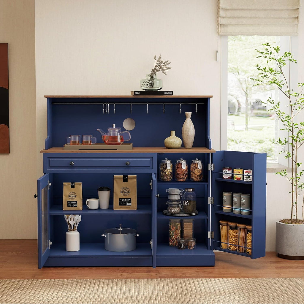 Kitchen Pantry Cabinet with Drawer Storage, 48” Modern Farmhosue Kitchen Hutch with Glass Doors, Blue Storage Cabinet with Countertop and Adjustable Shelves for Dining Room, Living Room
