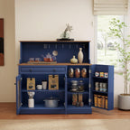Kitchen Pantry Cabinet with Drawer Storage, 48” Modern Farmhosue Kitchen Hutch with Glass Doors, Blue Storage Cabinet with Countertop and Adjustable Shelves for Dining Room, Living Room