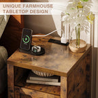 oneinmil Farmhouse Nightstand with Charging Station, Couch Side Table Set of 2, Bedside Table with Storage Space, End Tables with Barn Door, Bed Side Tables for Living Room and Bedroom, Rustic Brown