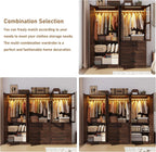 75" Tall Farmhouse 2 Doors Armoire Wardrobe Closet with 3 Drawers and LED,Freestanding Closet Wardrobe Cabinet for Bedroom with Hanging Rod,Wooden Armoire Storage Cabinet with Adjustable shelve(Brown)