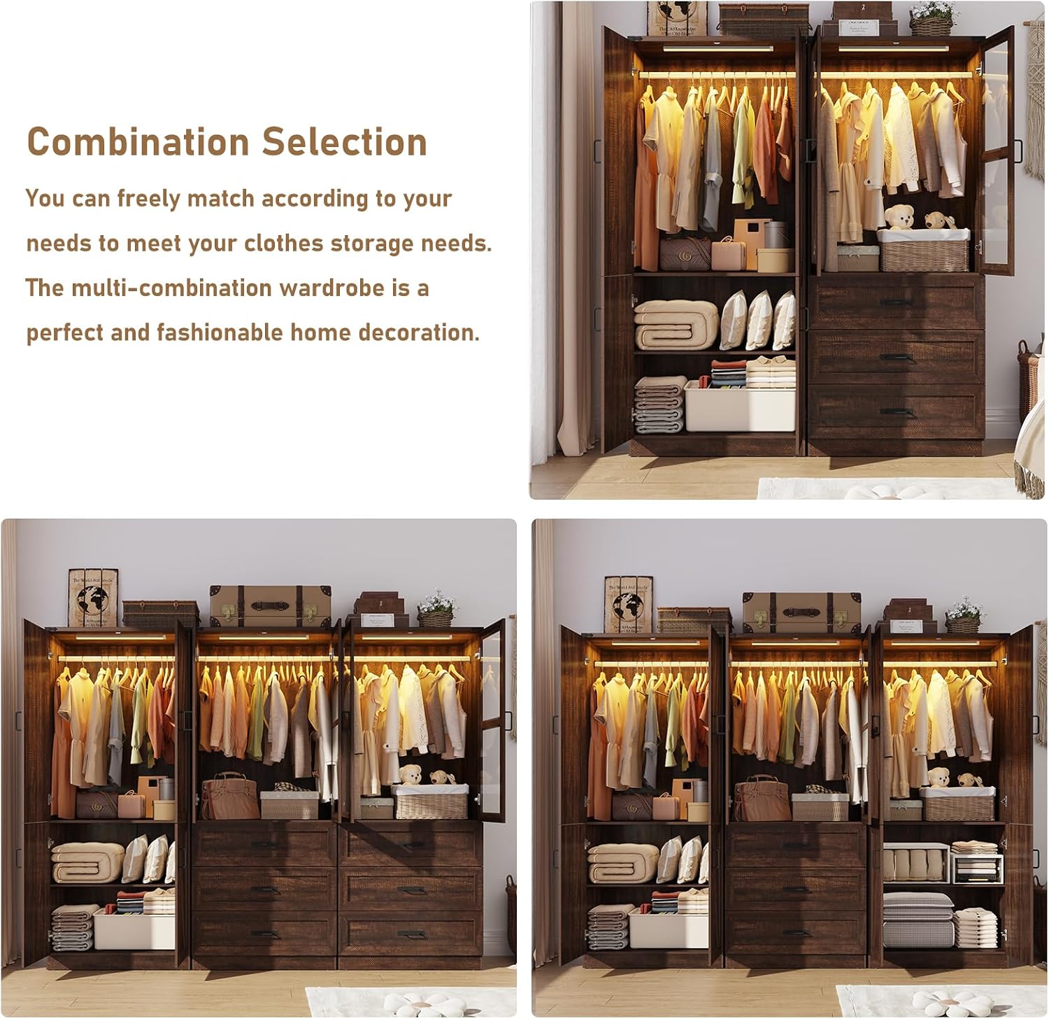 75" Tall Farmhouse 2 Doors Armoire Wardrobe Closet with 3 Drawers and LED,Freestanding Closet Wardrobe Cabinet for Bedroom with Hanging Rod,Wooden Armoire Storage Cabinet with Adjustable shelve(Brown)