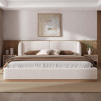 King Size Boucle Bed Frame, Soft Cloud Bed Frame with Upholstered Wingback Headboard and Solid Wooden Legs, Contemporary Aesthetic Platform Bed, No Box Spring Needed (White, King 1)
