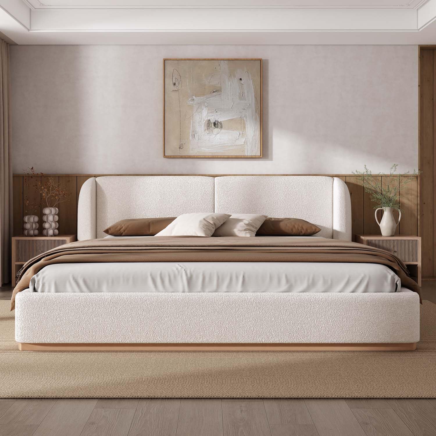 King Size Boucle Bed Frame, Soft Cloud Bed Frame with Upholstered Wingback Headboard and Solid Wooden Legs, Contemporary Aesthetic Platform Bed, No Box Spring Needed (White, King 1)