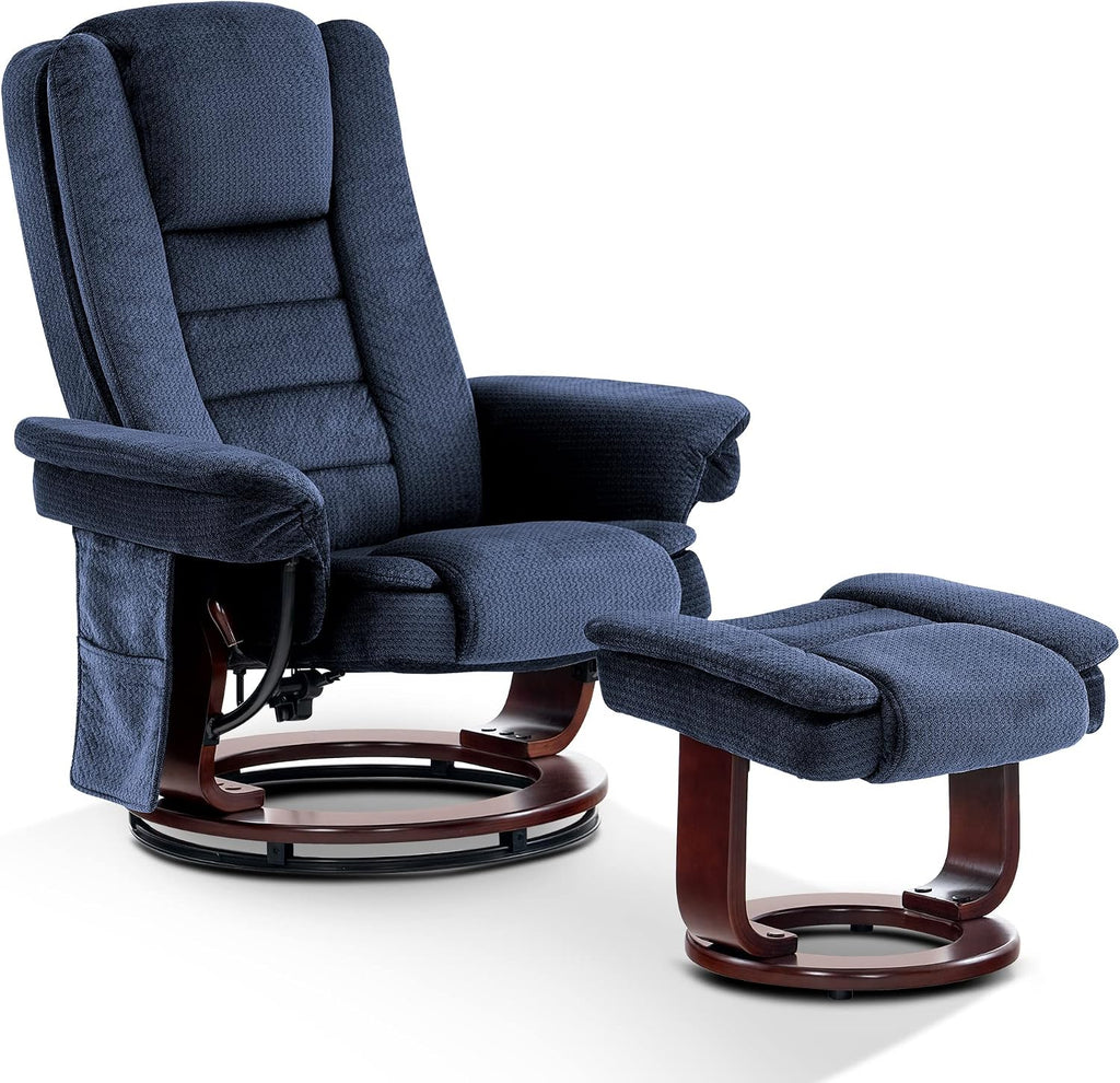 MCombo Swivel Recliner with Ottoman Chair, TV Chair Sets with Vibration Massage, for Small Space Living Room Bedroom 9096 9099 (Textile, Blue)