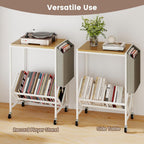 GOFLAME Rolling Record Player Stand, 2-Tier Turntable Stand with Fabric Side Pocket, Bottom Storage Shelf & Wheels, Movable Vinyl Storage Shelf for Living Room, Bedroom, Natural & White