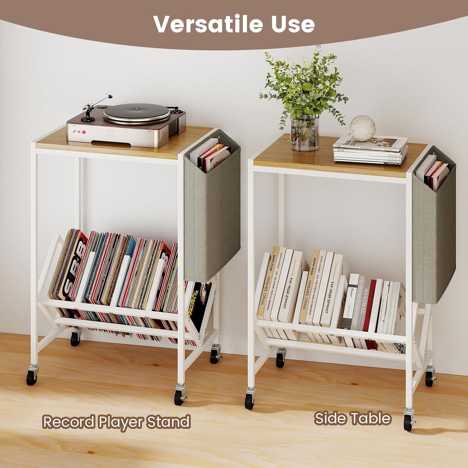 GOFLAME Rolling Record Player Stand, 2-Tier Turntable Stand with Fabric Side Pocket, Bottom Storage Shelf & Wheels, Movable Vinyl Storage Shelf for Living Room, Bedroom, Natural & White