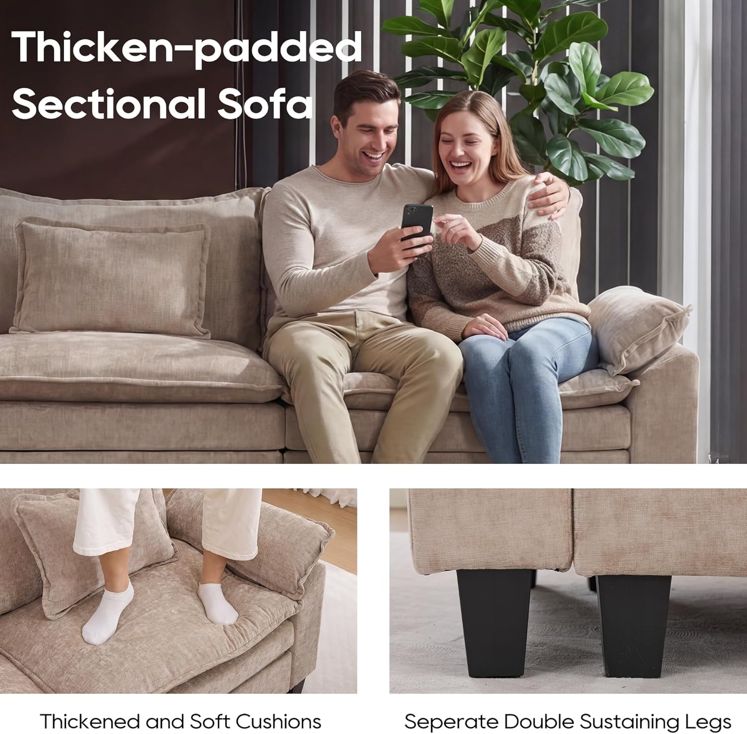 URRED Oversized Modular Sectional Sofa, 157" U Shaped Modern Comfy Cloud Couch with Movable Ottoman & Pillows, Deep Seat Couches for Living Room, Bedroom or Apartment (Chenille Khaki, 157" U Shaped)
