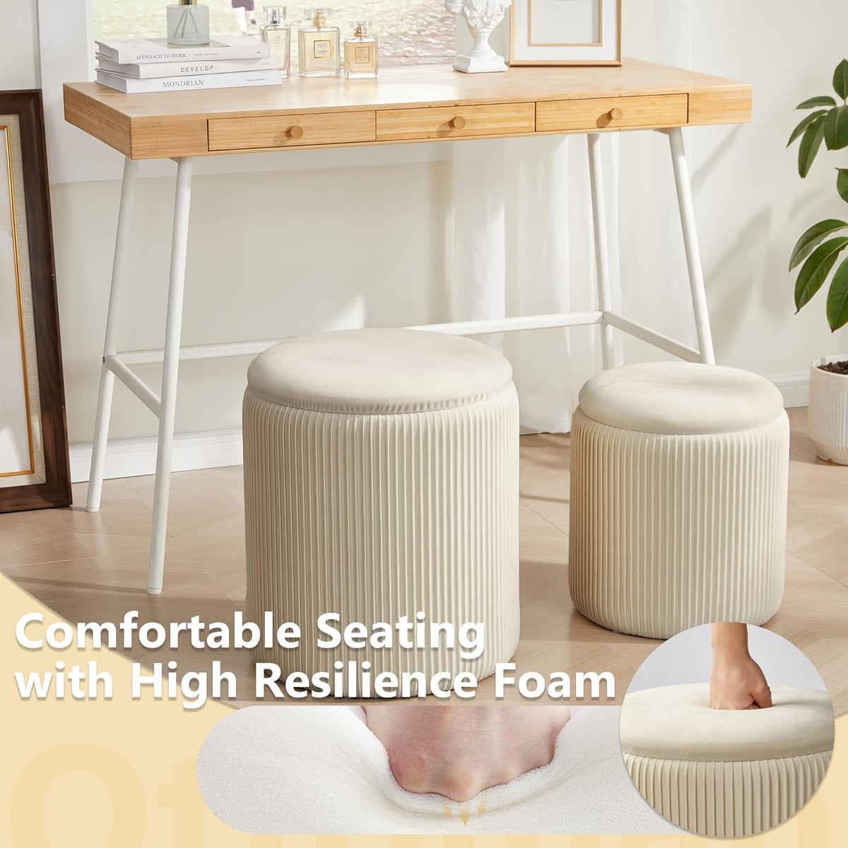 Royal Windsor Round Ottoman with Storage Set of 2,Vanity Stool with Storage for Bedroom, Ottoman Coffee Table,Small Velvet Foot Stool for Living Room, Beige