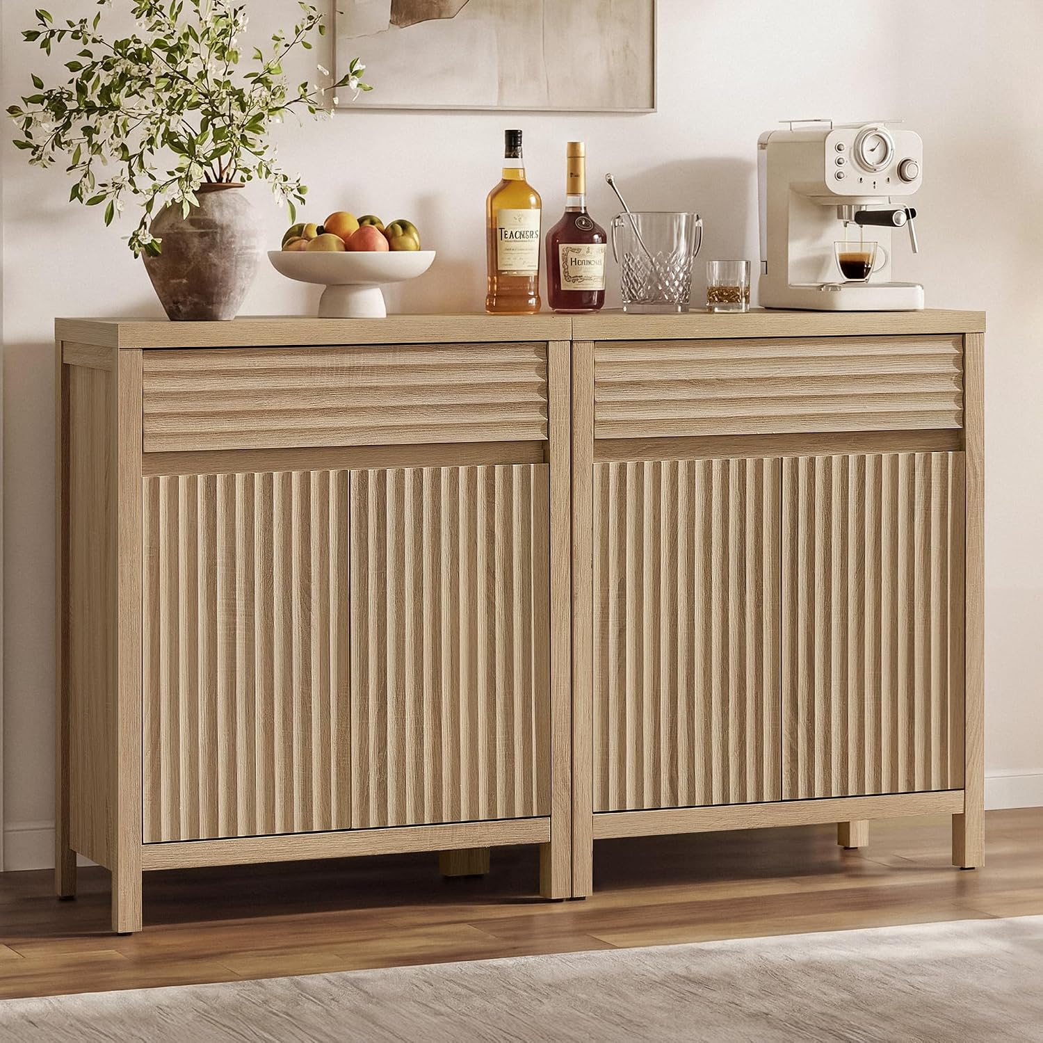 SICOTAS 87" Extra Large Buffet Cabinet with Storage, Modern Fluted Sideboard Cabinet with Drawers & Adjustable Shelves, Premium Credenza for Large Spaces, Reclaimed Light Oak, 3 PCS