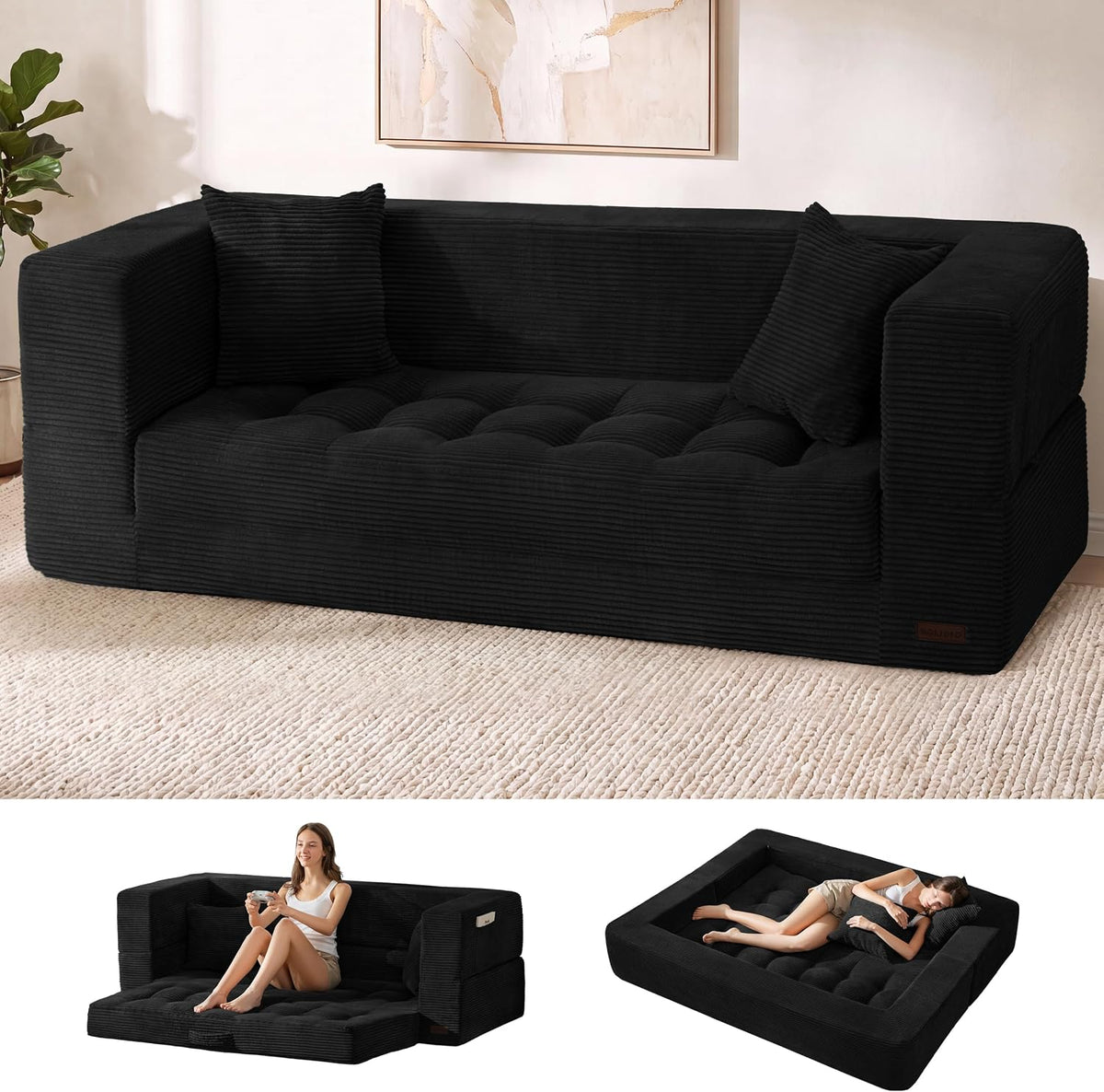 MAXYOYO Folding Sofa Bed, Convertible Loveseat Couch with Pillow | 3-Seat Foldable Floor Sofa Bed with Back Support, Tufted Floor Couch with Side Pocket & Armrests for Living Room, Apartment