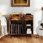 LOKO Record Player Stand with Charging Station, Vinyl Record Holder with Removable Divider, Industrial Turntable Display Stand, Record Storage Table Cabinet for Living Room, Bedroom, Rustic Brown