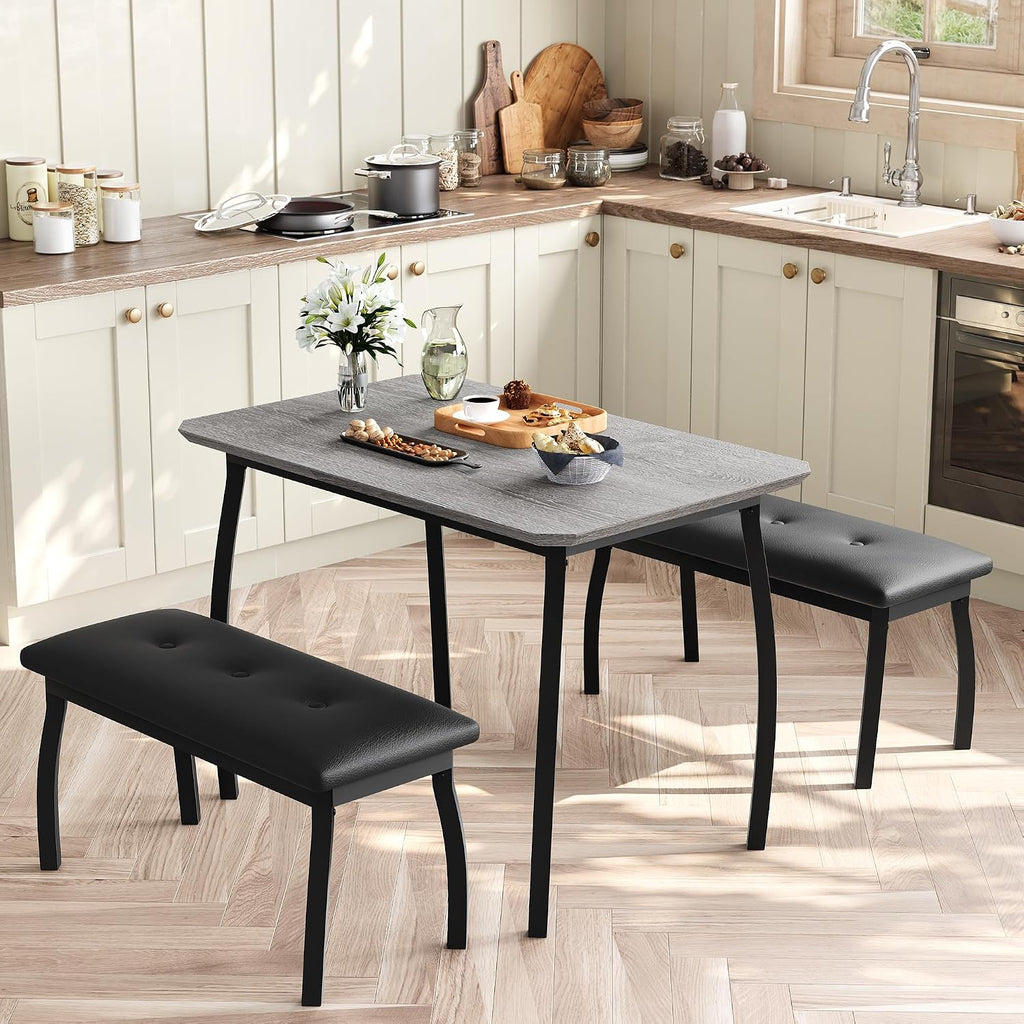 Dining Table Set for 4, 3-Piece Wooden Kitchen Table with 2 Upholstered Benches, Space-Saving Dinette Set for Restaurant, Studio, Dining Room, Home Kitchen(43''x28''x30''), Gray