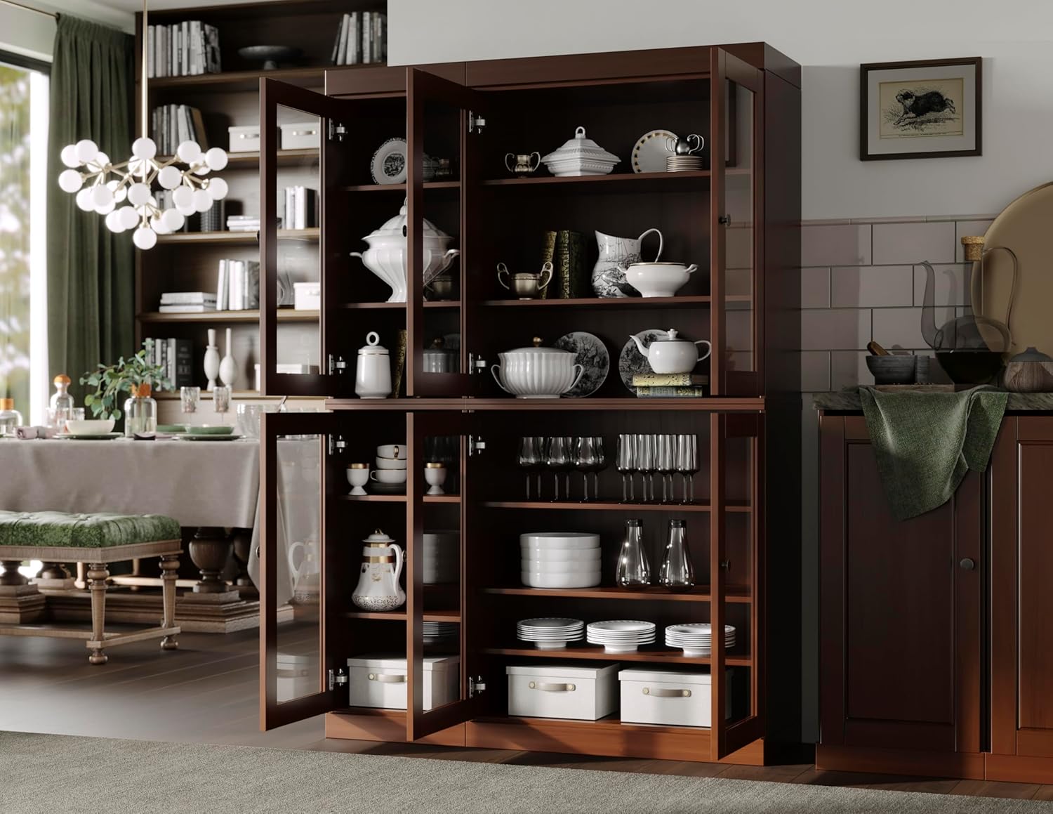 Palace Imports 100% Solid Wood 48.5" Pantry China Cabinet with Clear Glass Doors and Adjustable Shelves (Mocha)
