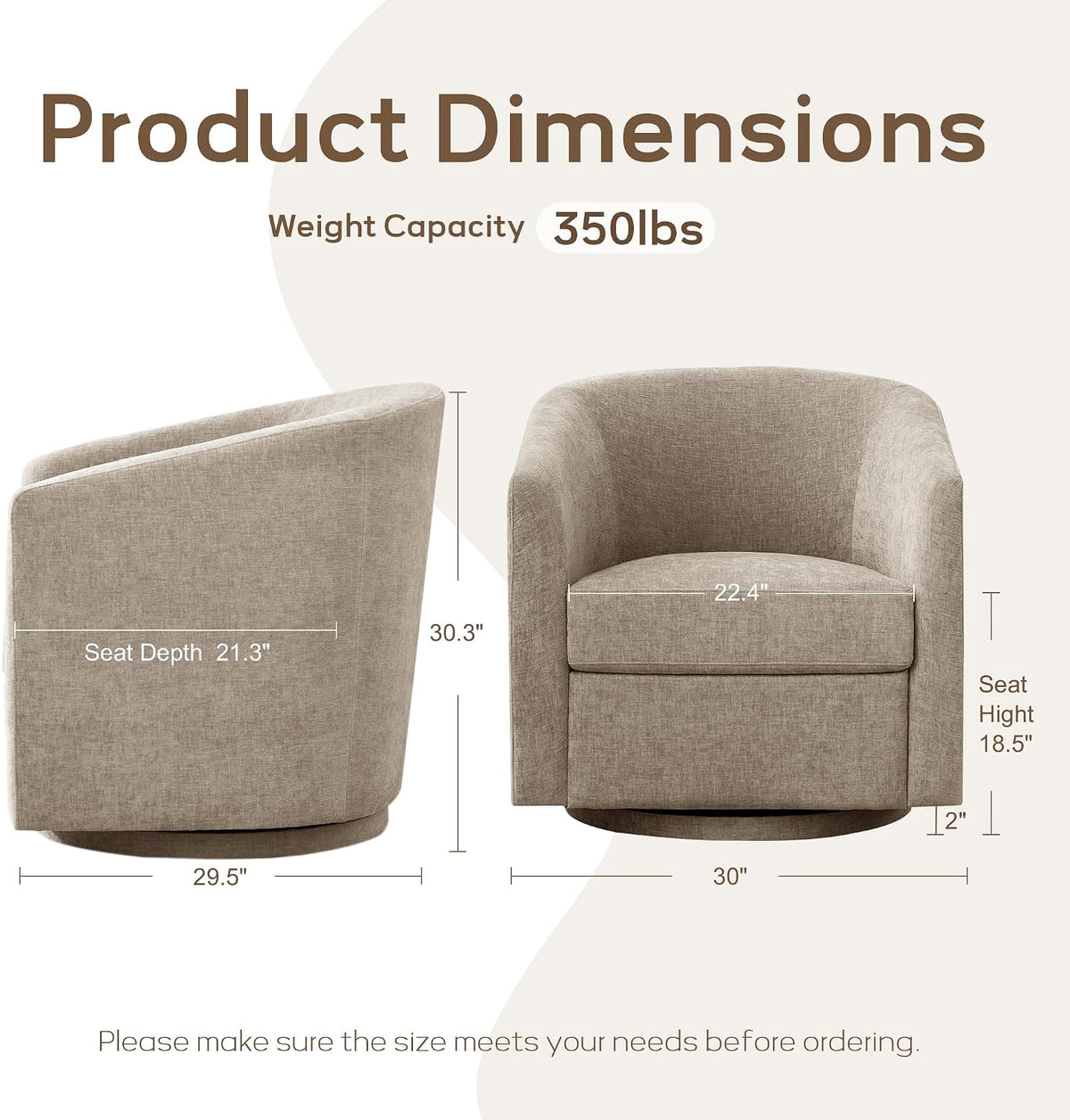 Zihanhome Chenille Swivel Accent Chair Set of 2, Modern Barrel Chairs with 360° Swivel Base, Upholstered Living Room Chairs, No Assembly Armchairs for Bedroom, Reading Nook, Apartment (2, Khaki)