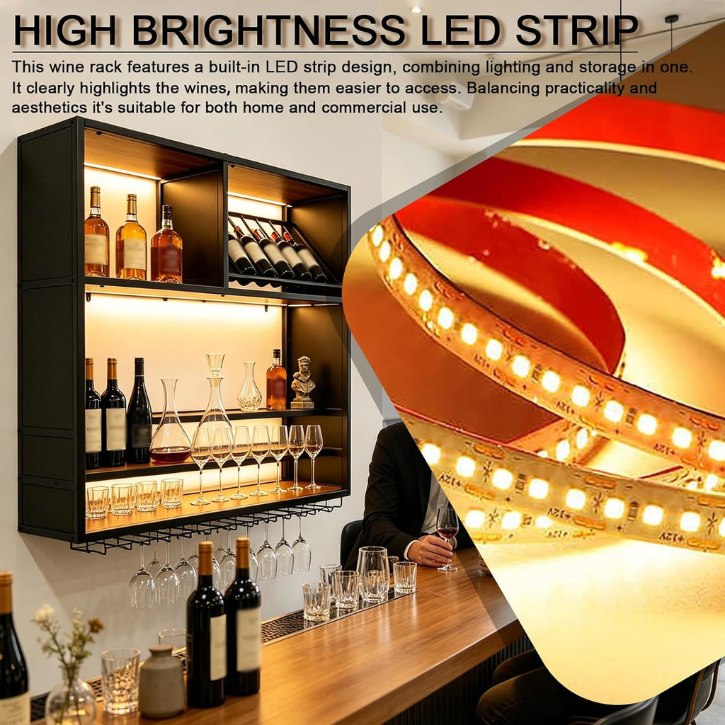 55in Large Wall Mounted Wine Rack with LED Light, 4 Tier Iron Liquor Bottle Display Storage, Modern Wood Floating Bar Shelf with Wine Glass Holder, for Home Bar, Kitchen, Cafe Liquor Shelves