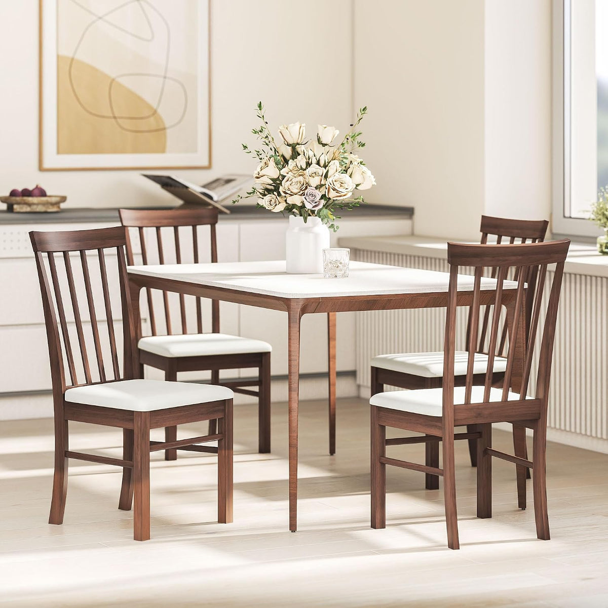 HOMCOM Wooden Dining Chairs Set, Farmhouse Upholstered Kitchen Chairs with Rubber Wood Frame for Living Room, Dining Room, Dark Brown and Beige, Set of 2